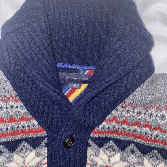 Tommy Hilfiger‎ Navy Red Fair Isle Lambswool 1/4 Sweater Button Men Size Small - Picture 2 of 11